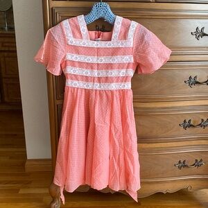 Vintage Girls Coral Puff-Sleeve Lace-Trim Dress